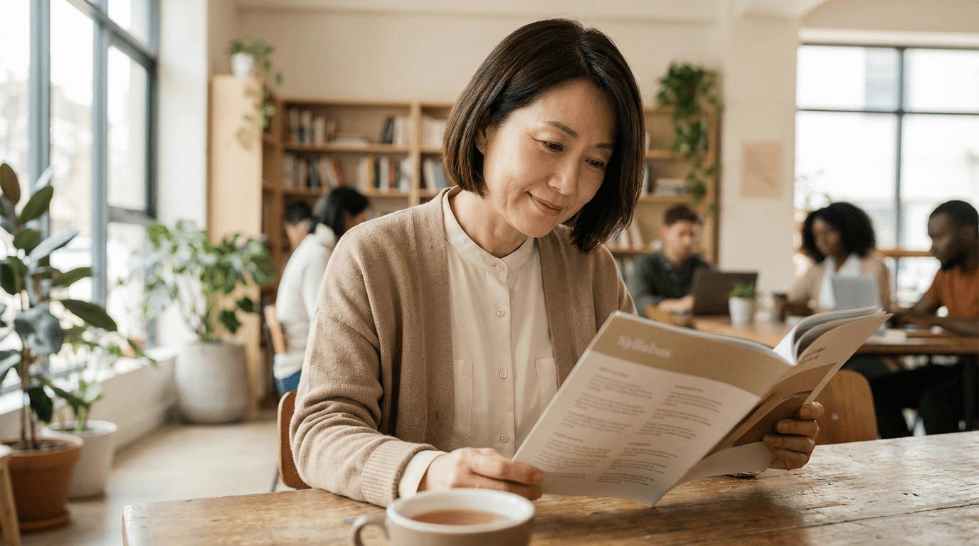Mature student seated at a wooden table in a bright cafe-style co-working space, reading a well-designed syllabus beside a cup of tea under soft natural light with warm, earthy tones.