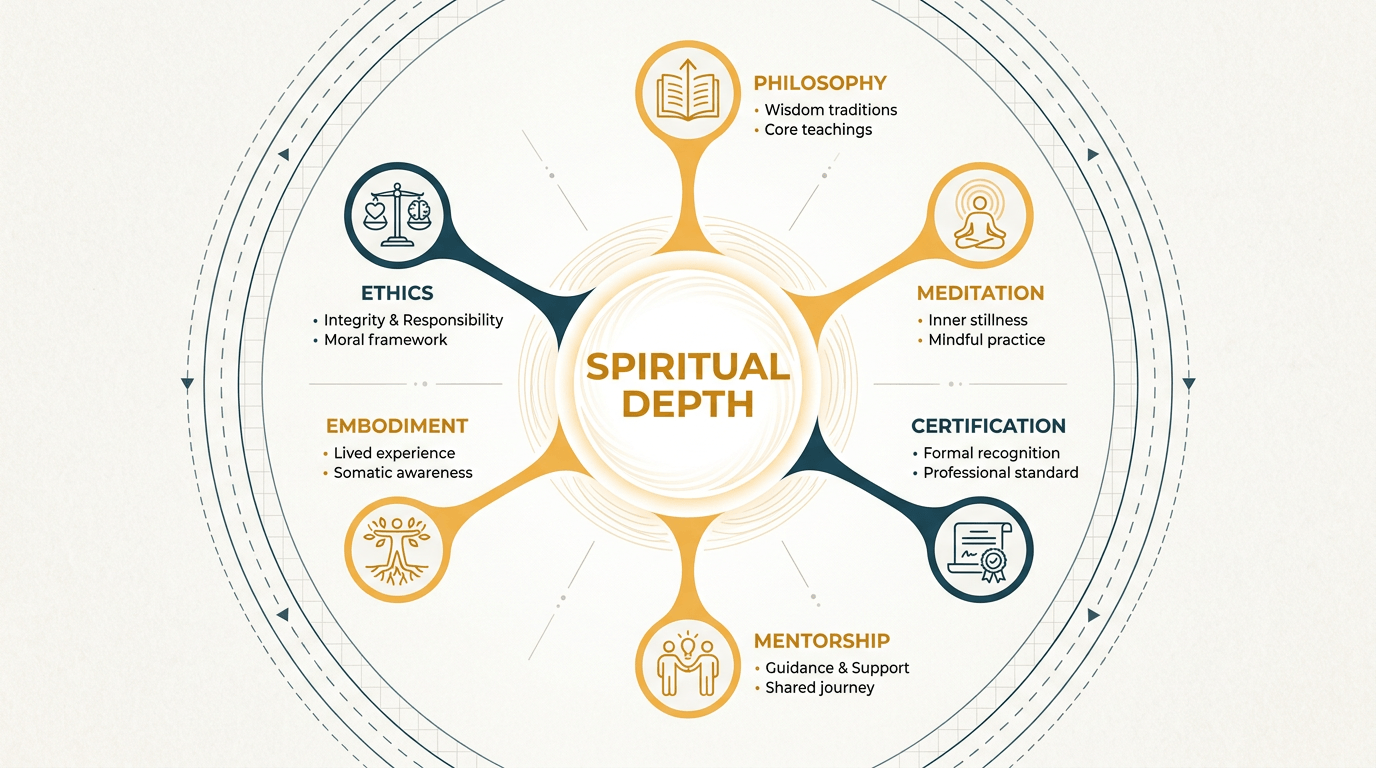 Radial infographic comparing six core pillars of advanced spiritual training with a central hub for spiritual depth and an outer ring showing technical training features; icons and short labels clarify each pillar. Uses a warm neutral background with yellow and deep teal accents for contrast.
