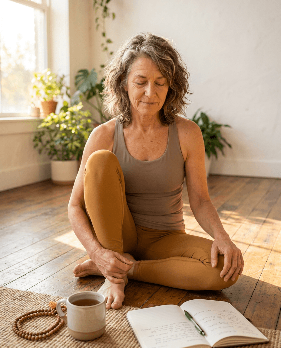 Midlife woman meditates on a yoga mat in a bright wellness studio with an open journal, mala beads, and a cup of tea nearby, conveying calm, discernment, and a move from personal practice toward purposeful work.