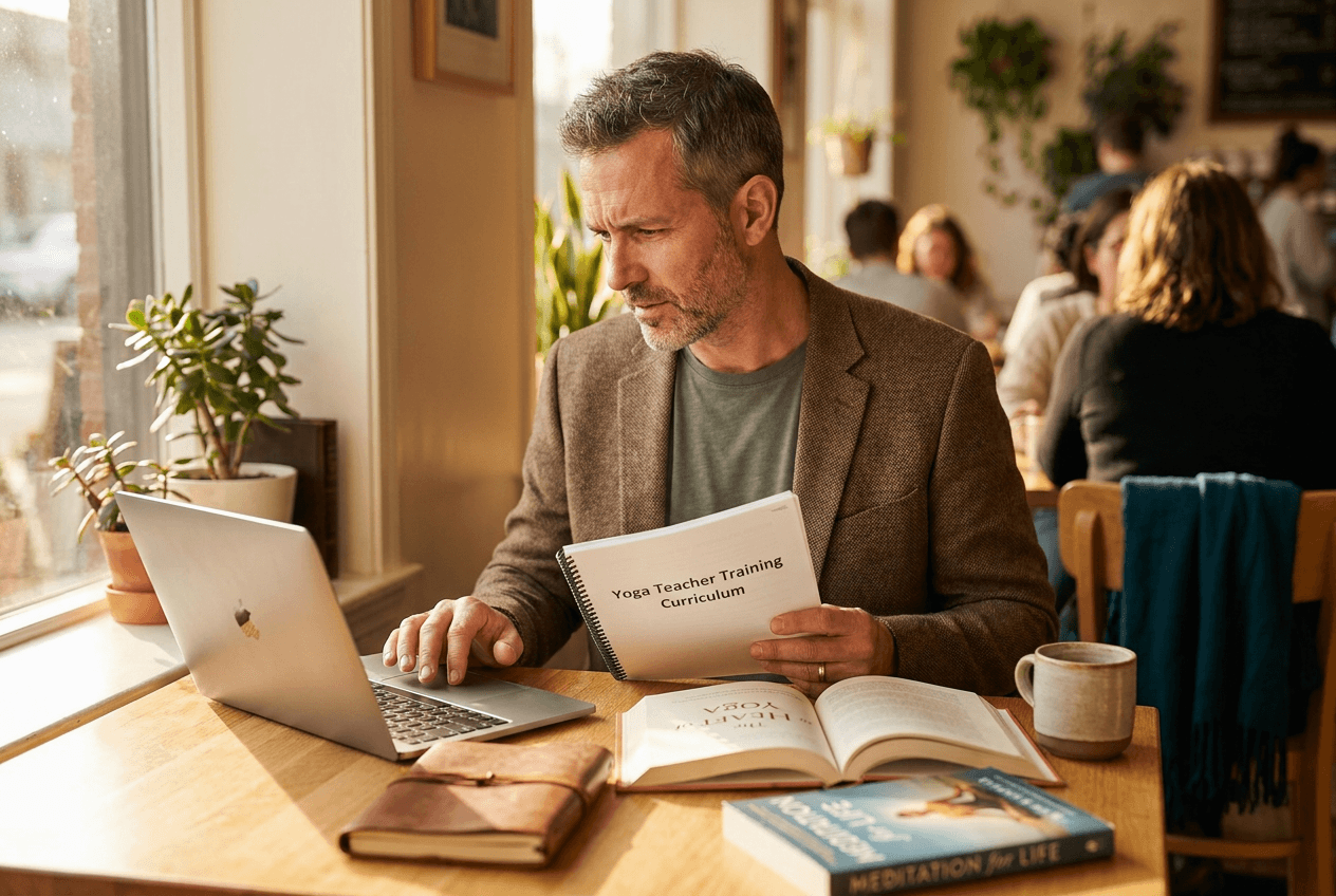 Mature student at a sunlit cafe table reviewing a printed training curriculum on a laptop while taking notes in a journal, with yoga and meditation books open nearby to convey thoughtful research and discernment.