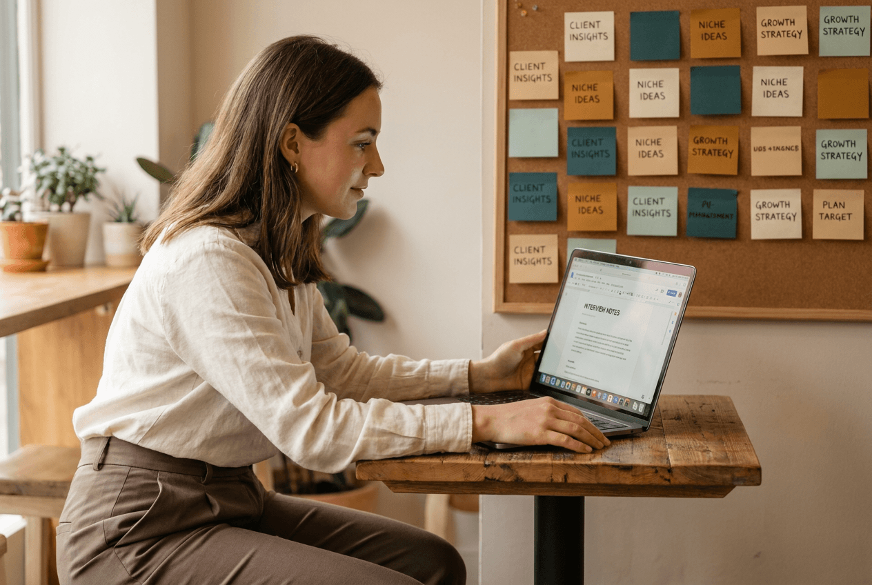 Thoughtful professional seated at a cafe desk, leaning over a laptop while reviewing interview notes, with a wall of organized sticky notes mapping client insights in the background.