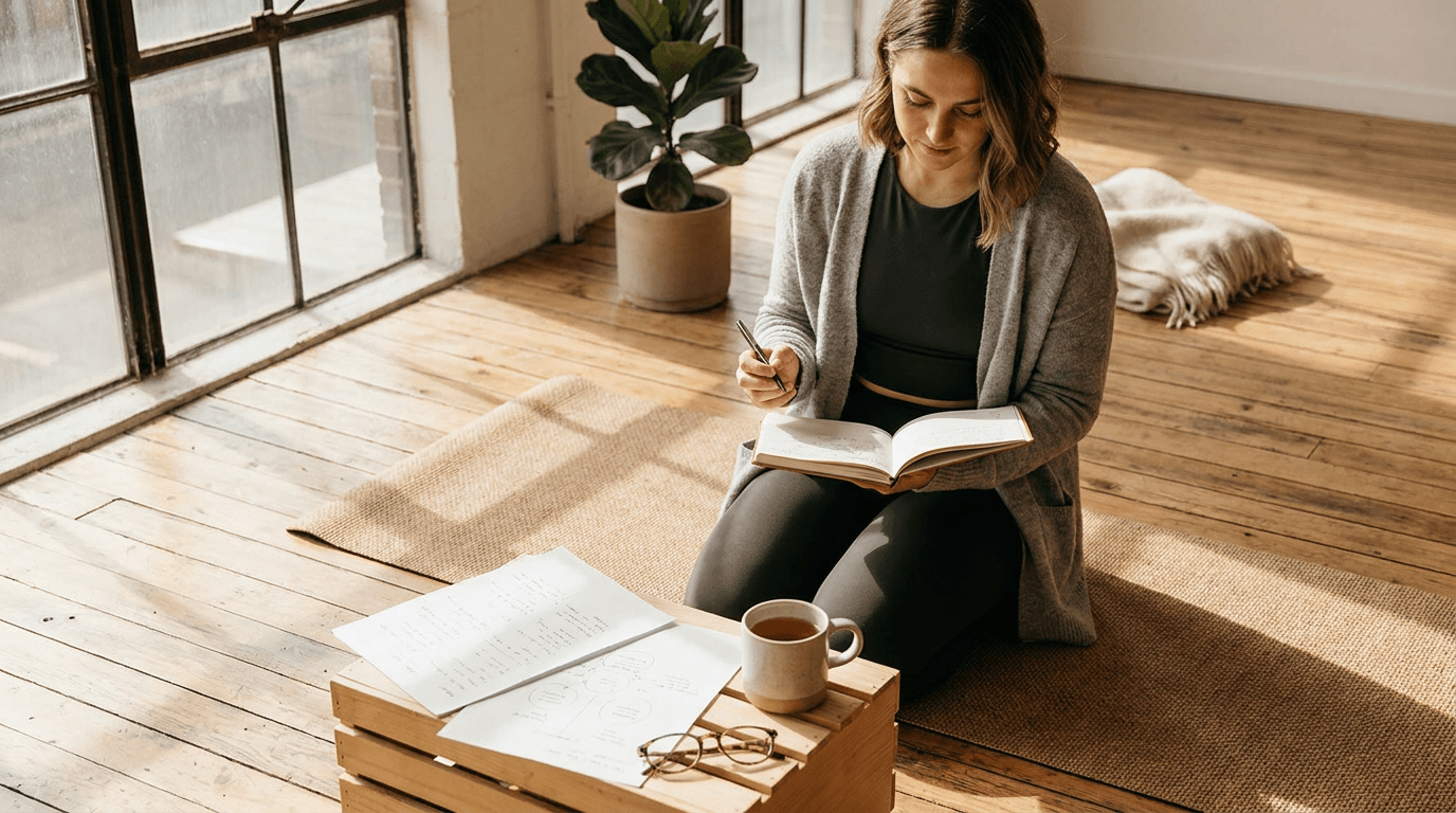 Warm sunlit studio scene of a person kneeling on a yoga mat, arranging papers and writing in a journal next to a cup of tea on a wooden floor; soft natural light and calming, earthy tones create an inviting, focused atmosphere.