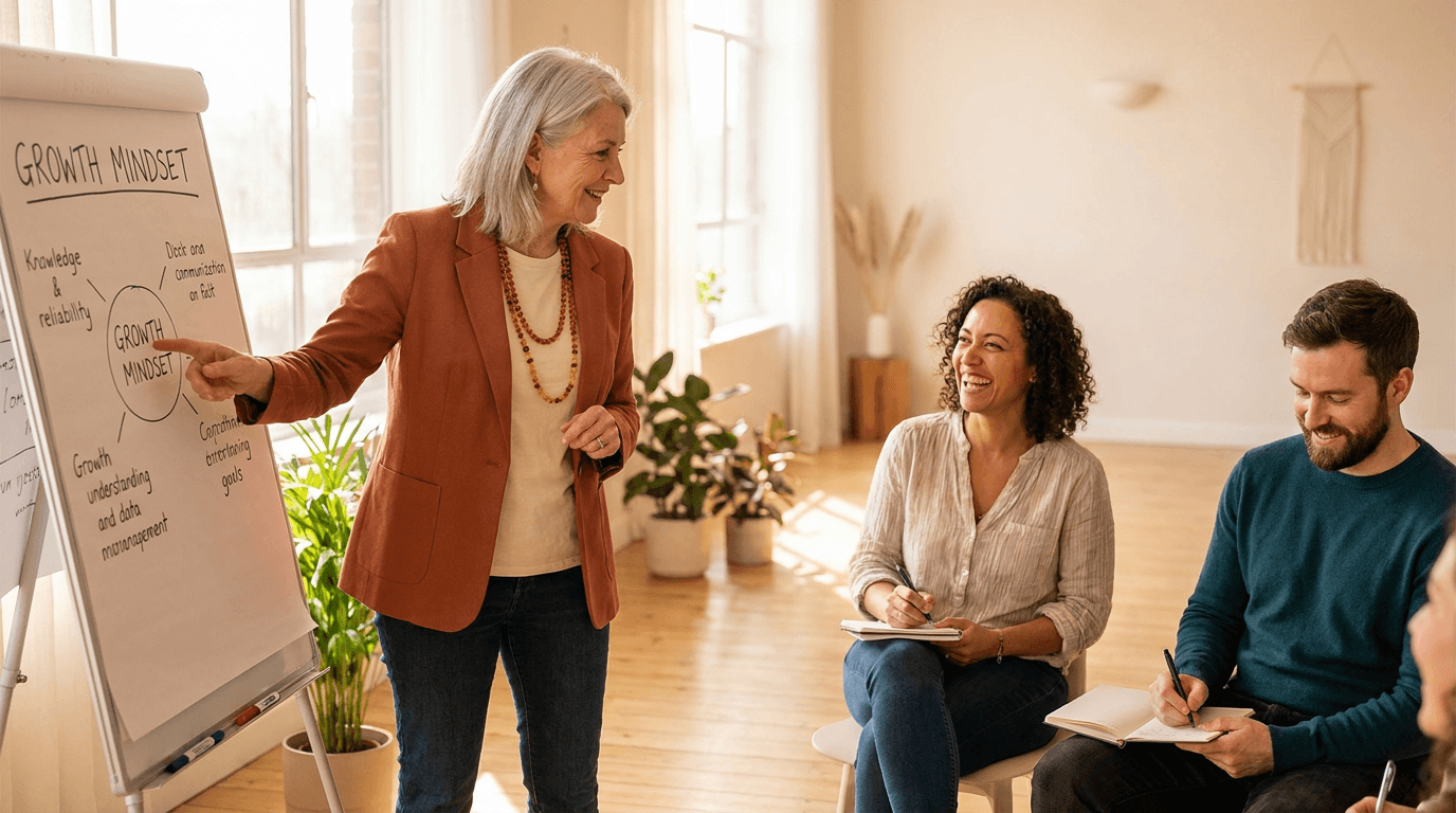Coach pointing to a flipchart while two attendees sit and take notes in a bright, airy studio with warm, natural lighting and earthy tones.