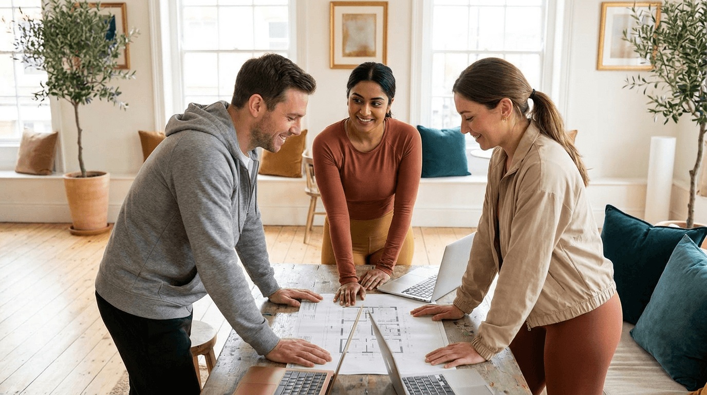 Three coaches collaborating in a bright studio, standing in a small circle over printed plans and laptops, smiling and engaged in a candid moment of teamwork and momentum.