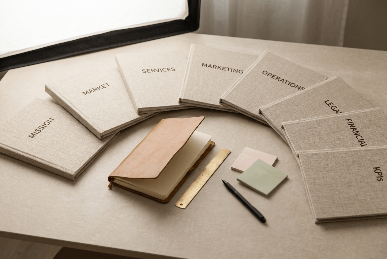 Overhead flat-lay of neatly arranged labeled folders and a leather-bound notebook on a light stone desk, with a ruler and sticky notes, shot with shallow depth of field to emphasize folder tabs.