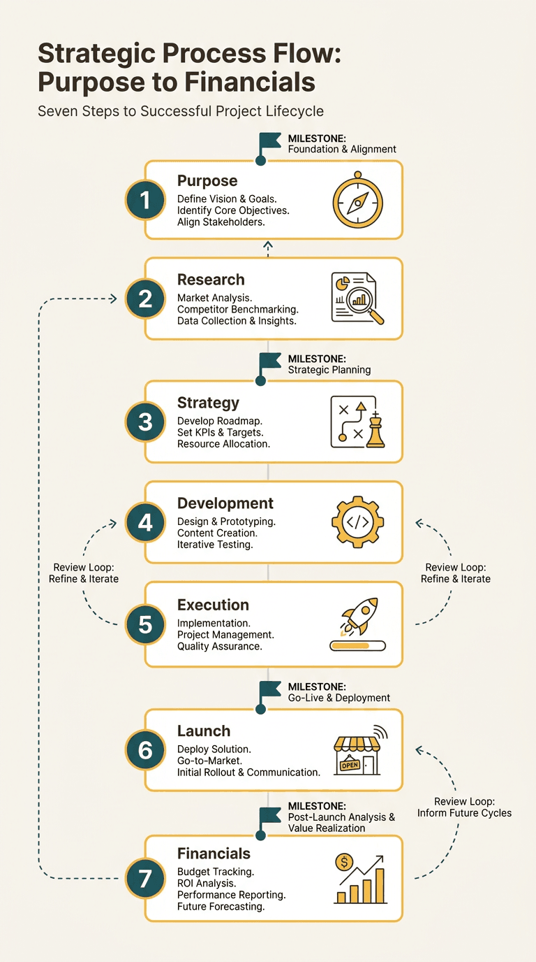Vertical infographic flowchart showing seven labeled steps from Purpose to Financials with review-loop arrows and milestone markers, using a warm off-white background and warm yellow and dark teal accents for key points. Clean line icons and a clear typographic hierarchy guide the viewer through the