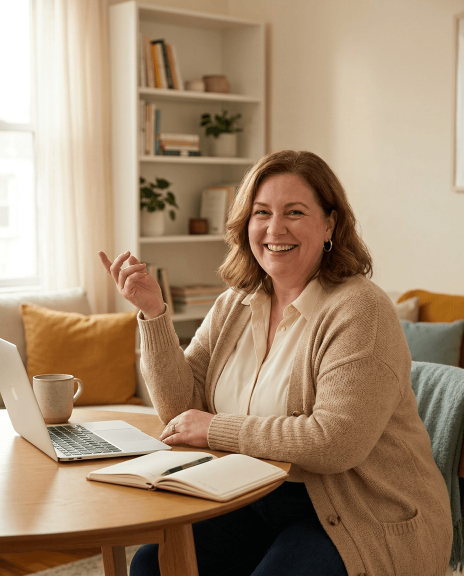 Warm portrait of a professional coach seated at a desk with a laptop and notepad, gesturing reassuringly and smiling in a sunlit apartment with earthy decor.
