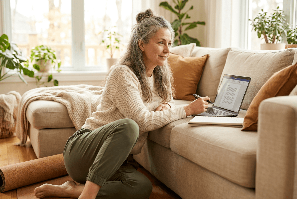 A thoughtful woman in a bright, minimal living room sits with a laptop and notebook nearby, gazing slightly off-camera as she reflects on her next professional chapter; soft natural light and warm tones create a calm, aspirational mood.