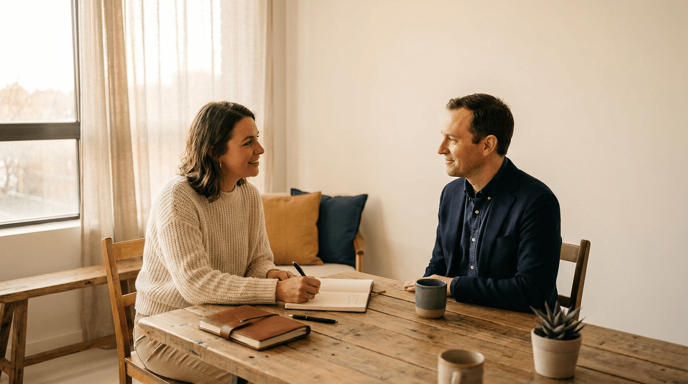 Two adults in a warm coaching session across a table, one leaning forward and taking notes while the other listens attentively in a light, minimalist studio setting with warm, natural lighting.