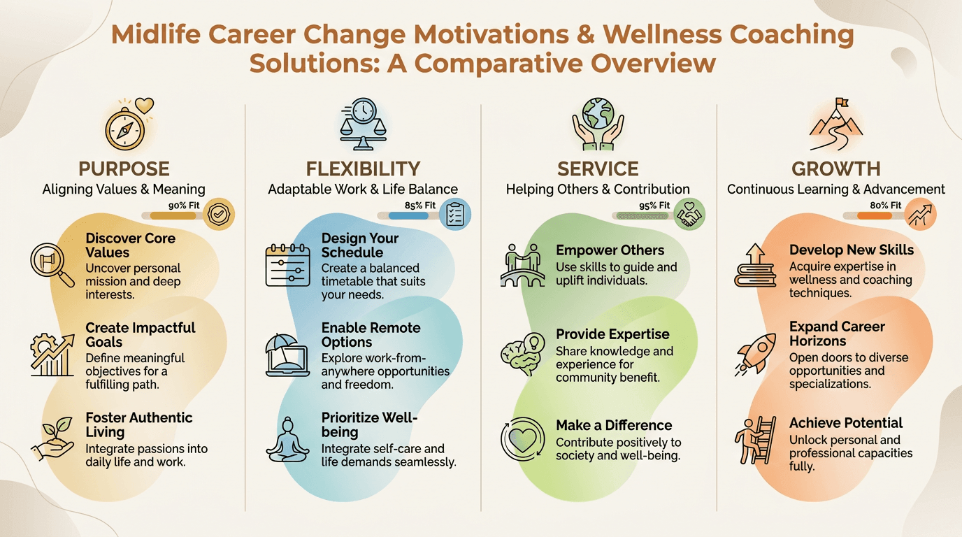 Infographic comparing four midlife career motivations—purpose, flexibility, service, and growth—with short icon-led labels showing how wellness coaching addresses each need using a three-column layout and warm illustrative style.