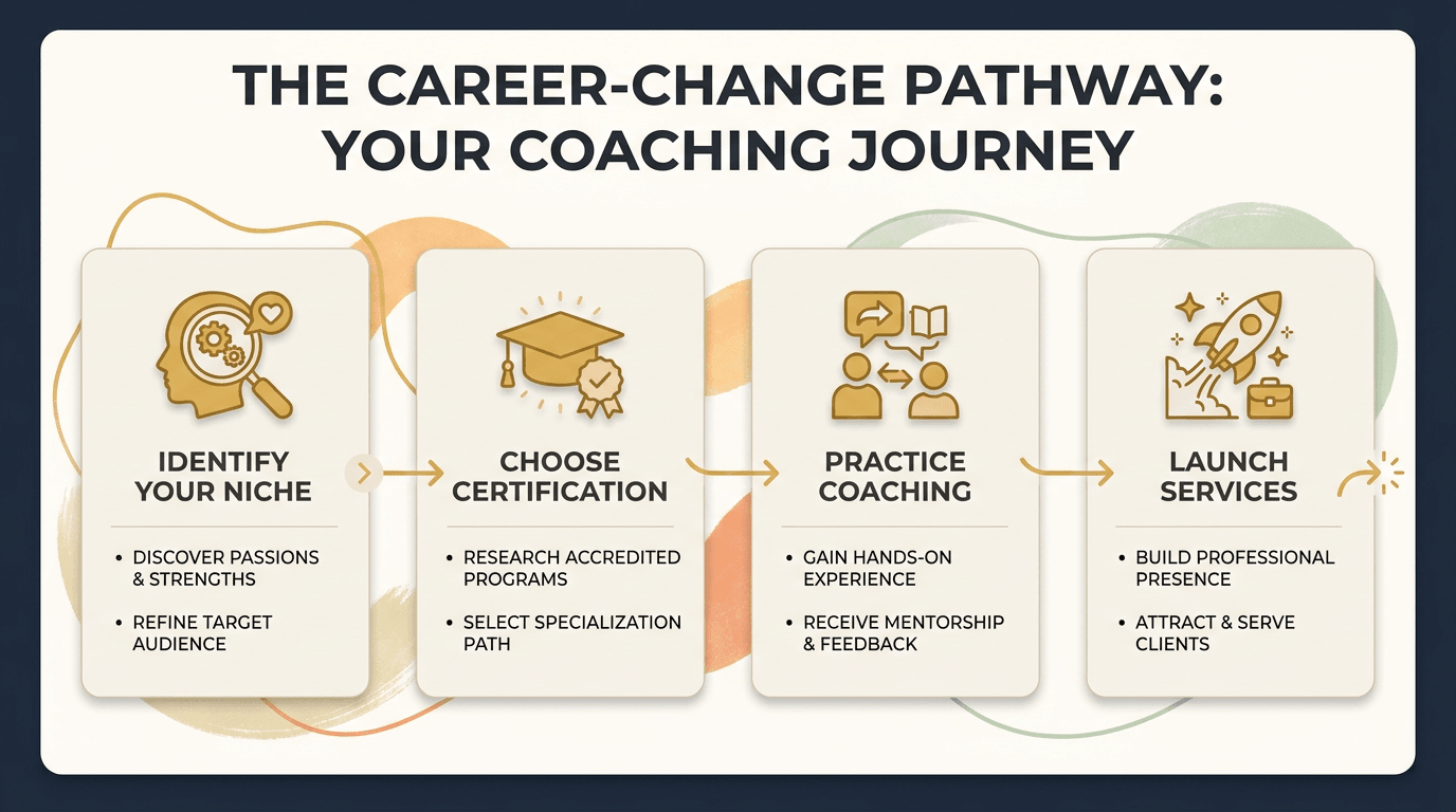 Horizontal infographic showing a four-step career-change pathway from Identify your niche to Launch services, with four connected panels, simple icons, and concise labels on a dark background with light cards for each step.