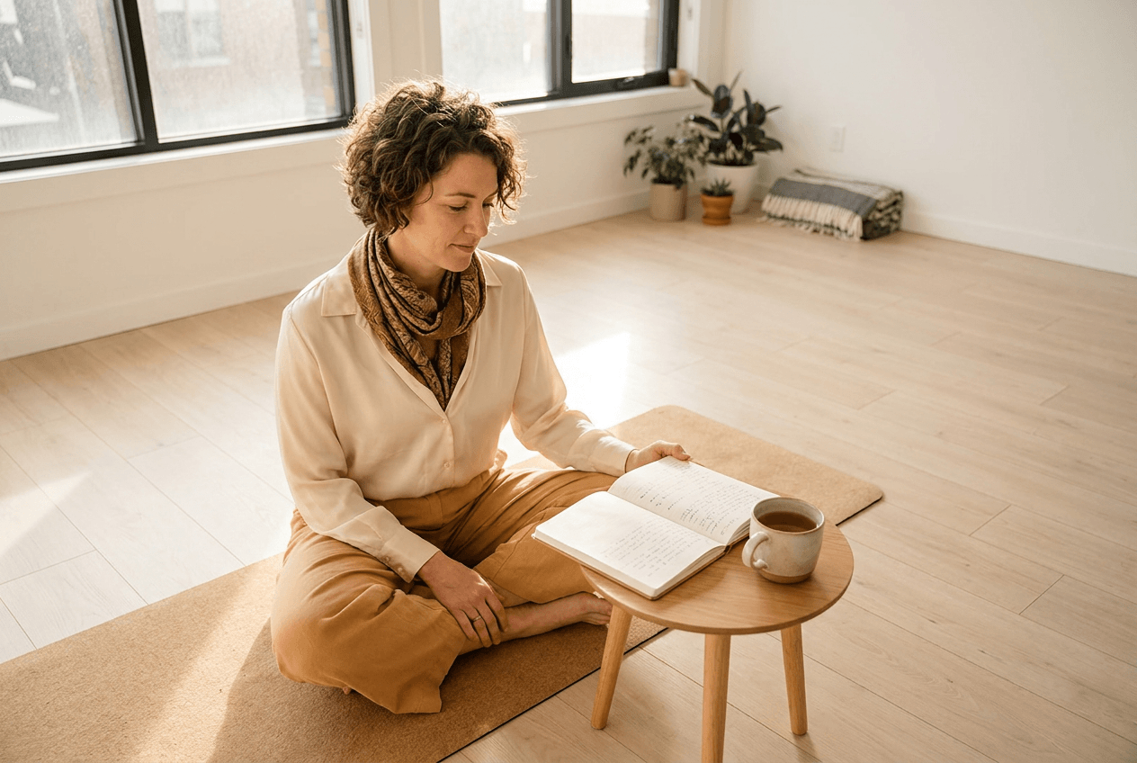 A midlife woman sitting on a yoga mat in a bright studio, reading handwritten notes beside a cup of tea in a calm, reflective moment; warm natural light and neutral tones create an aspirational, grounded mood.