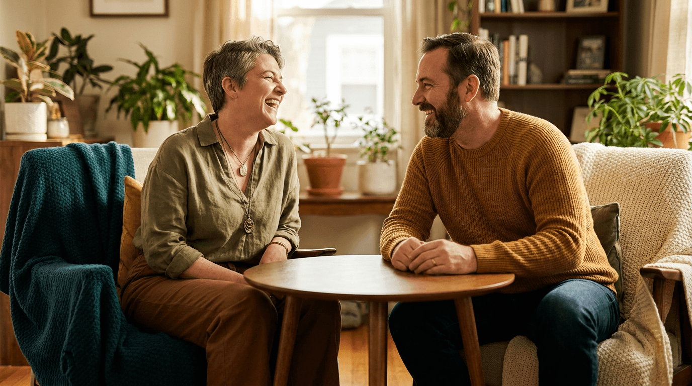 A midlife coach and a client share a relaxed, warm conversation across a small wooden table in a sunlit home office, both smiling and engaged in a candid moment that conveys trust and connection.
