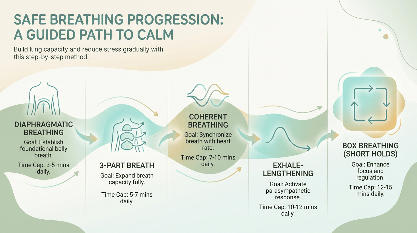 Infographic showing a five-step breathing progression from diaphragmatic breathing to box breathing, with each step in a left-to-right column including a short goal and a time-cap label, simple icons, and calm soft-color styling.
