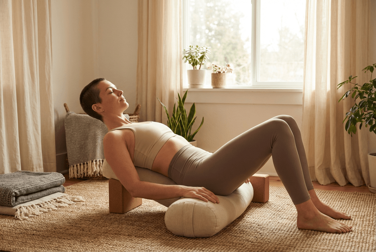 Practical sunlit yoga scene of a practitioner in a supported fish pose on a bolster with yoga blocks in a warm home studio corner, highlighting calm posture and natural props.