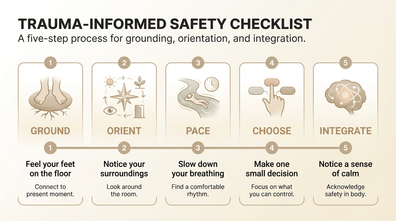 Horizontal infographic showing a 5-step trauma-informed safety checklist with rounded illustrative icons and short cues, using a soft neutral palette and clear left-to-right flow for easy scanning.