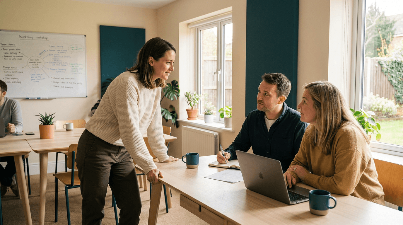 Instructor leaning forward and engaging adult learners in a bright modern classroom with whiteboards and collaborative tables, warm natural light highlighting attentive faces and an atmosphere of trust and community.
