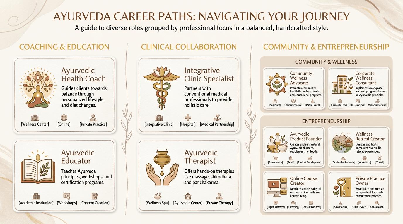 Infographic showing 10 Ayurveda career paths organized into four grouped categories with short descriptors and matching icons, designed in a warm, handcrafted illustrative style with a gold accent. Clean, grid-based layout with clear headings and ample white space for readability.