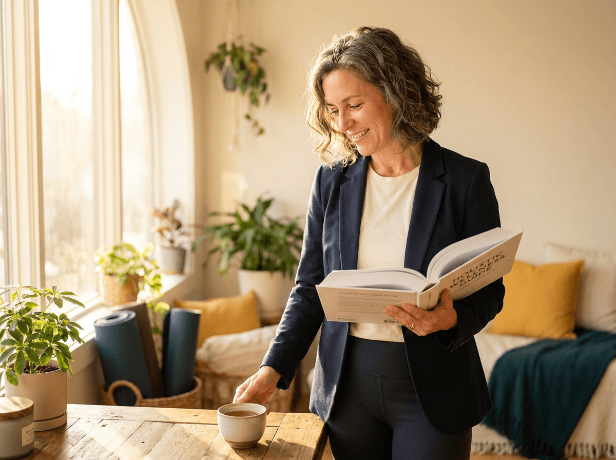 Midlife professional in a sunlit studio reviews a study manual while a cup of tea sits on a wooden surface and yoga mats and plants create a calm, holistic learning environment.