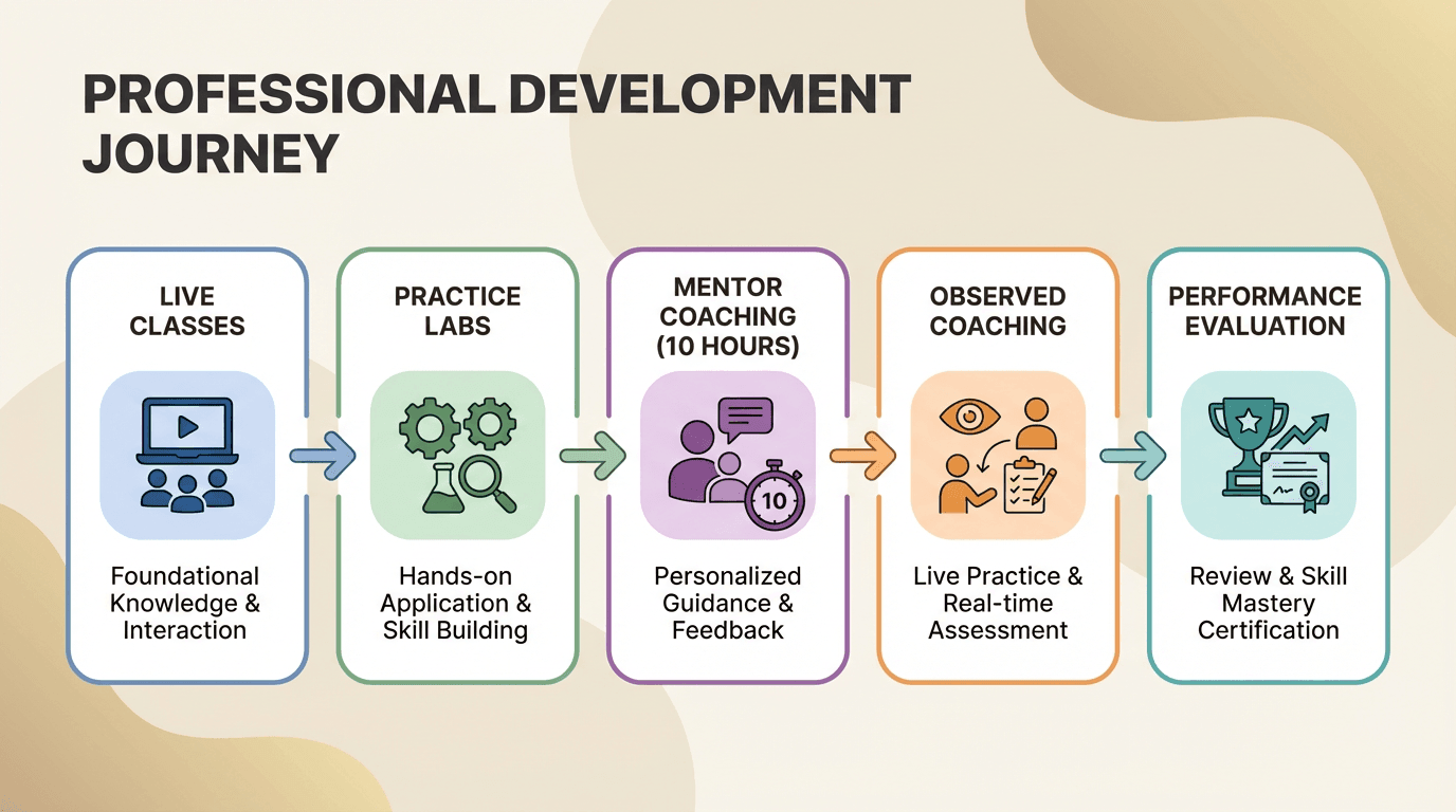 Minimal horizontal infographic showing a left-to-right training flow from live classes to practice labs, mentor coaching (10 hours), observed coaching, and performance evaluation, using rounded icons and a warm neutral brand palette. Clean layout with bold heading, short labels, and subtle accent sh