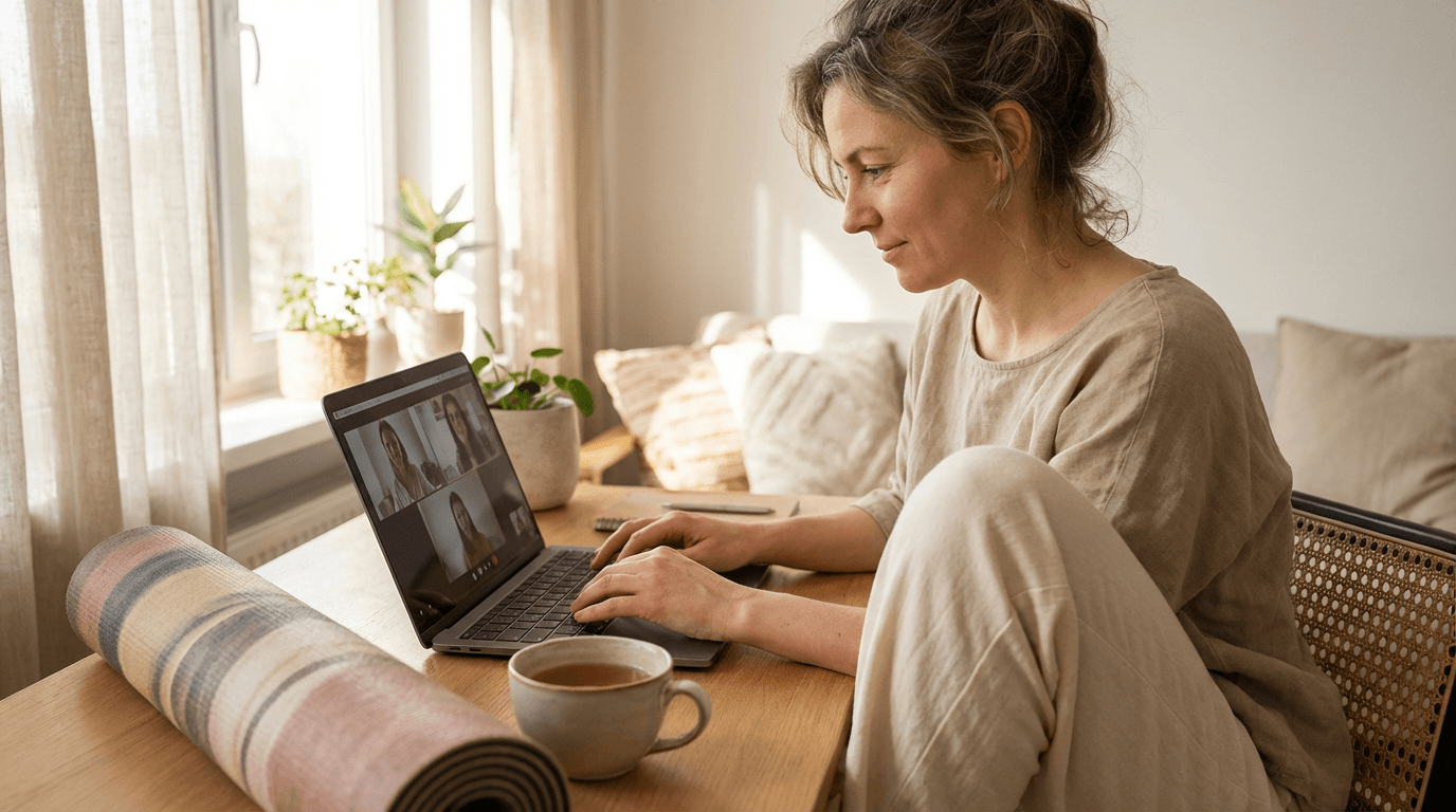 Sunlit home workspace with a laptop displaying a virtual classroom, a rolled yoga mat beside the desk, and a steaming cup of tea on the table, with a person seated and typing to convey focus and balanced learning. The scene uses warm, earthy tones and soft natural light to create an inviting, calm a