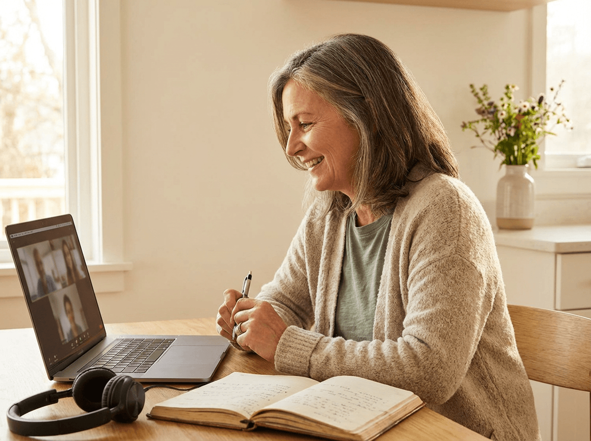 Smiling adult learner taking notes at a tidy sunlit kitchen table with headphones and a journal beside a laptop, conveying momentum and purpose.