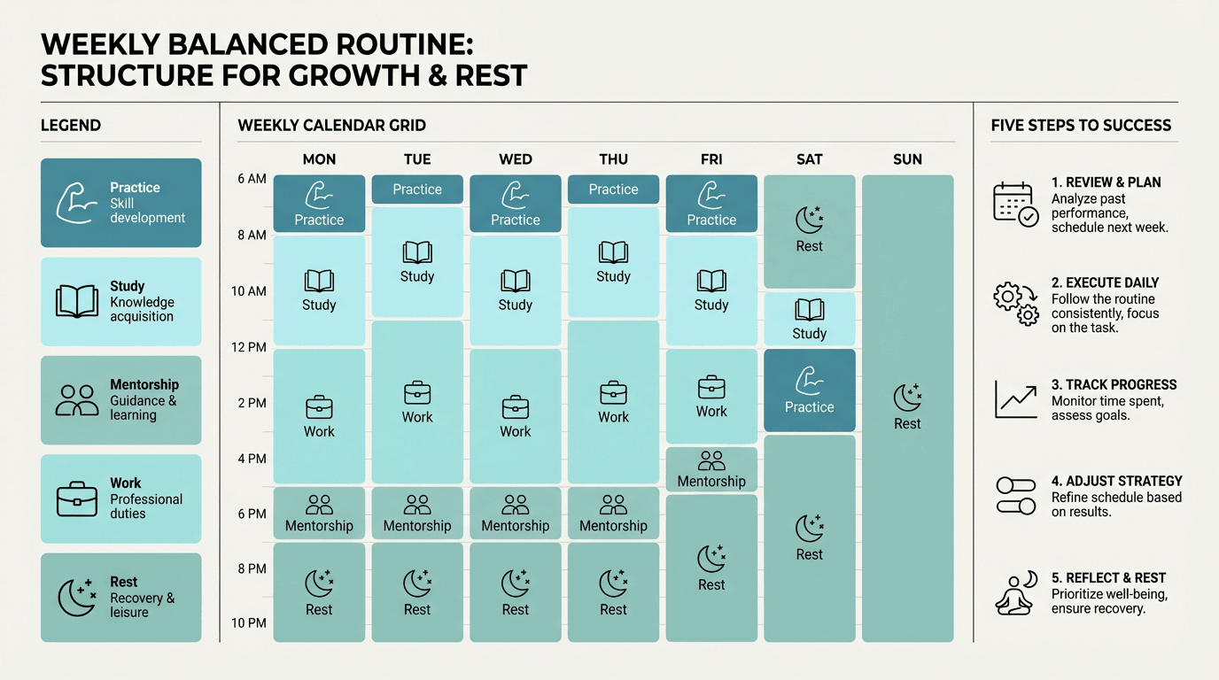 graphic illustration showing how to complete yoga teacher training while working full time