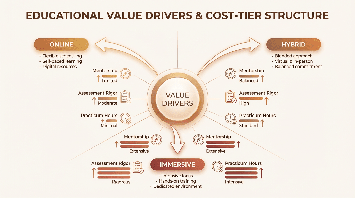 Radial infographic showing three cost tiers—Online, Hybrid, Immersive—surrounding a central Value Drivers hub, with arrows linking to Mentorship, Assessment Rigor, and Practicum Hours, using a warm beige brand palette and clean line icons.