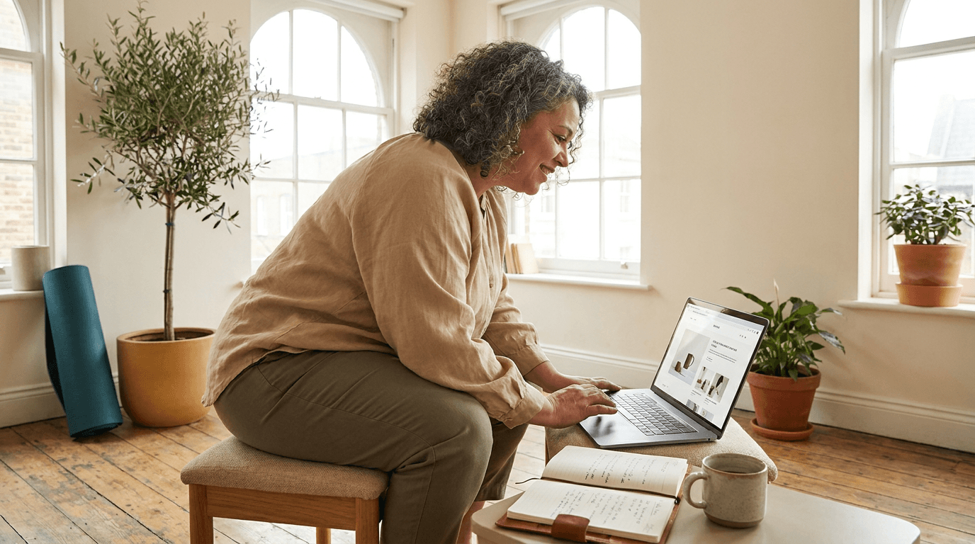 A woman leaning forward on a low stool reviews a clean online portfolio on a laptop beside a journal and yoga mat in a sunlit minimalist home studio with warm, earthy tones.