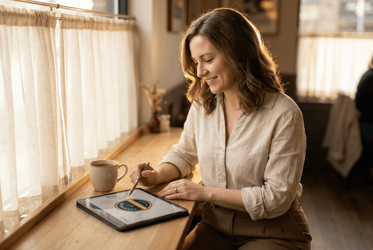 Person finalizing a portfolio content plan at a sunlit café table, pointing to a content calendar on a tablet with a cup of tea nearby; warm natural light and calming earthy tones.