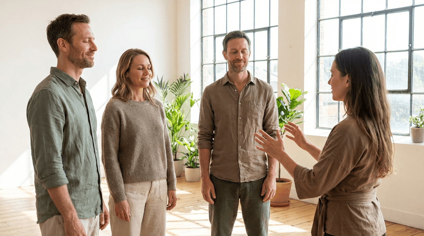 Three adults in a bright studio stand in a gentle stretch while a facilitator guides a short mindful breathing pause, natural light and plants in the background. The scene is warm, candid, and focused on connection and calm engagement.