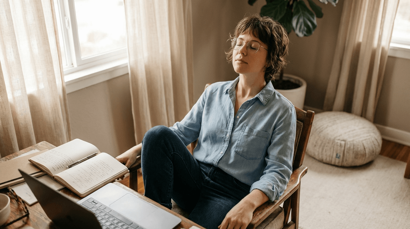 Mid-career professional seated at a wooden desk in a calm home workspace, pausing in a mindful breath with a journal and laptop open while a plant and meditation cushion sit nearby in soft natural window light.