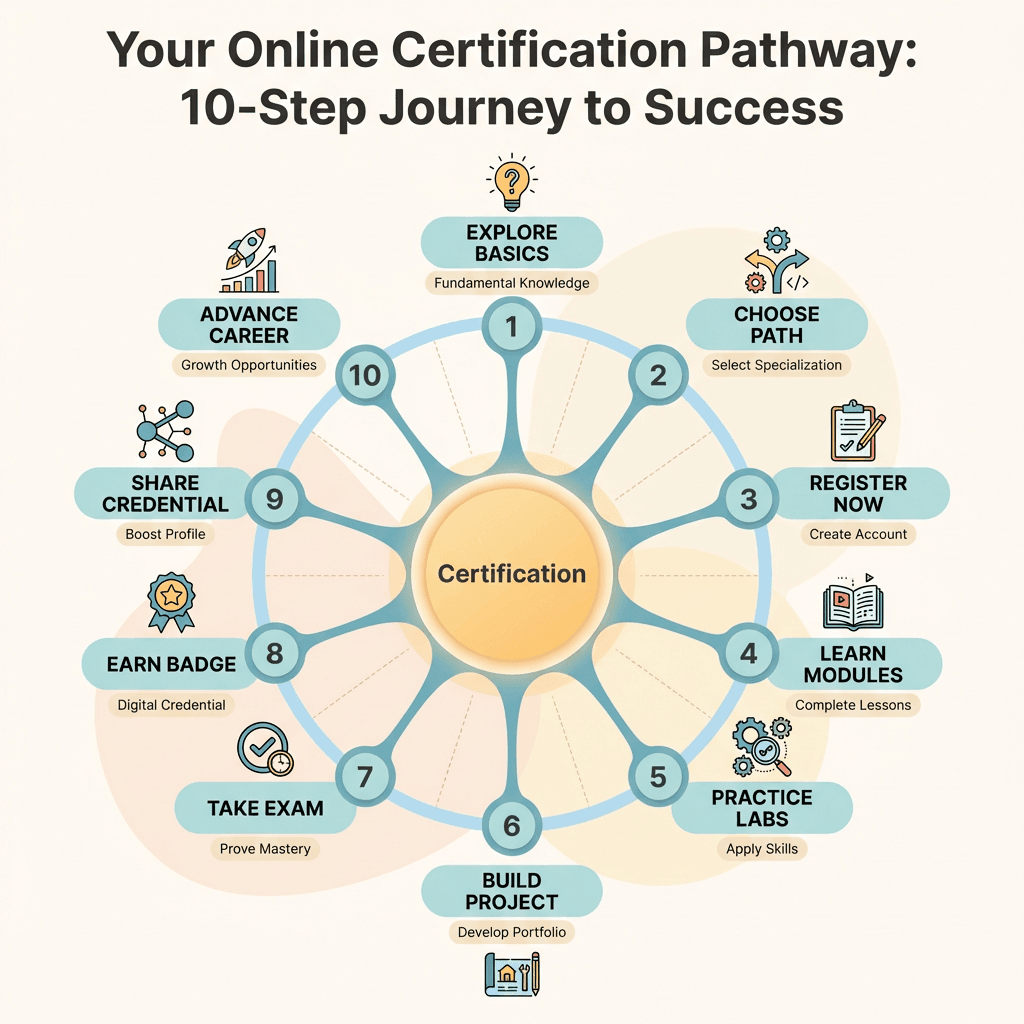 Radial infographic showing a central certification hub with ten labeled step nodes arranged around it, using soft illustrative icons and a warm neutral color palette to guide the certification pathway. Clear title at top and concise labels on each spoke provide an accessible, easy-to-scan flow.