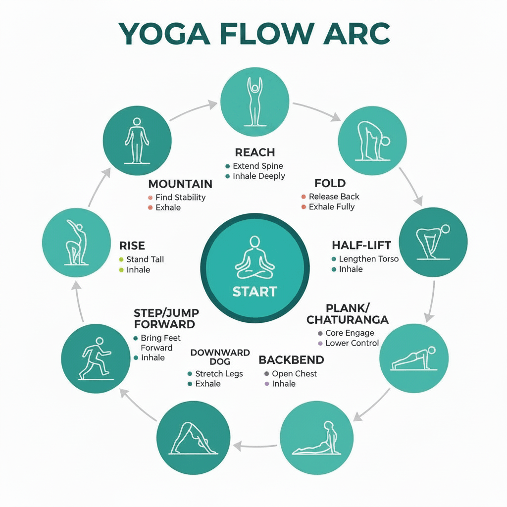 Circular infographic showing a nine-step yoga flow from Reach to Mountain with simple geometric icons and labeled nodes on a soft cream background for clear, accessible reading.