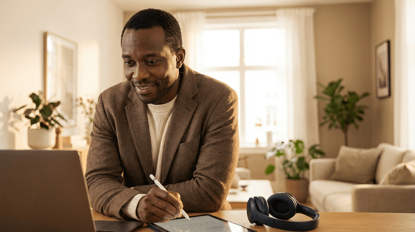 A coach on a video call in a sunlit living room, taking notes on a tablet with a headset on the desk, portraying an approachable and professional remote-care session.