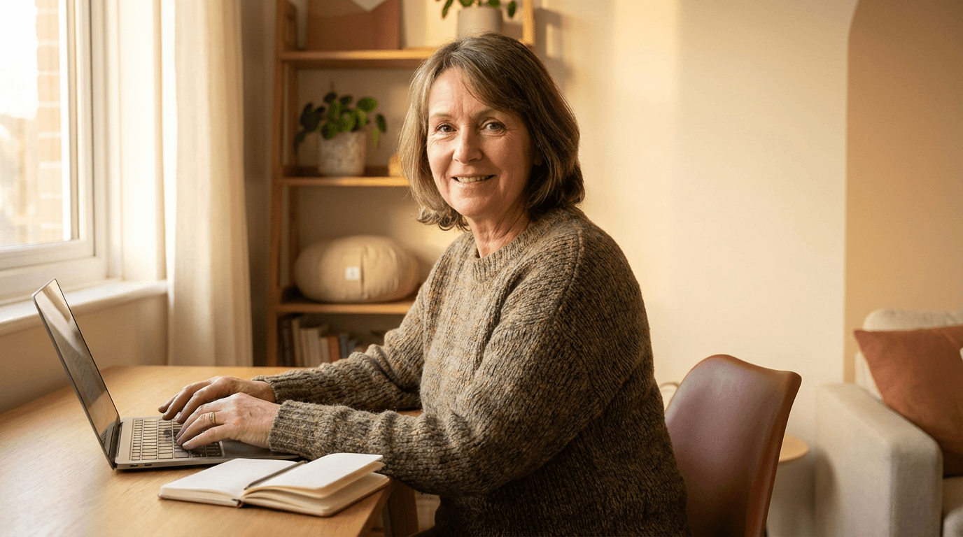 Portrait of a smiling coach typing on a laptop in a cozy living room nook during a virtual session, with a meditation cushion visible in the softly blurred background; warm natural light and earthy tones create a calm, professional atmosphere.