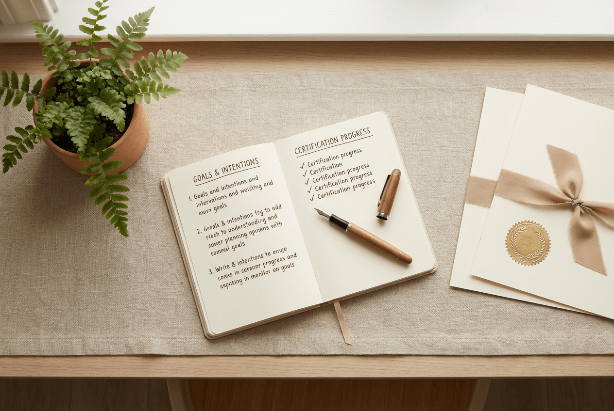 Cozy desk scene with an open planner on a goals page, certification materials showing an embossed seal, and a small potted plant on a linen placemat in soft natural light.