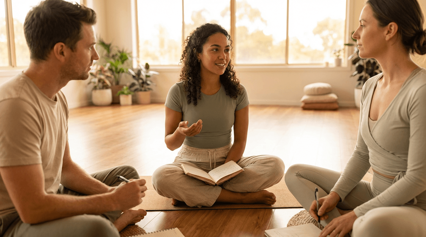 Three adults seated in a sunlit studio circle with yoga mats and notebooks as an instructor leads a reflective discussion, conveying trust and community. The scene features warm natural light, wooden floors, and a calm, earthy color palette.