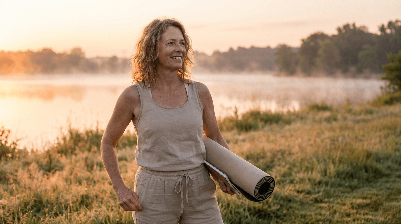 Midlife woman standing by a misty lakeside at sunrise holding a rolled yoga mat and a journal, smiling with clarity and purpose as warm golden backlight rim-lights her figure; shallow depth keeps the background softly blurred. The scene emphasizes calm, openness, and readiness to take the next step.