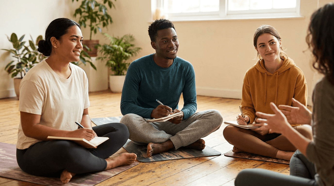 A small group seated in a circle on yoga mats in a sunlit studio, notebooks open as they listen attentively to a teacher; warm natural light and earthy tones convey calm focus and community. The composition highlights candid interaction and clear focal points with plants and wooden floors in the bac