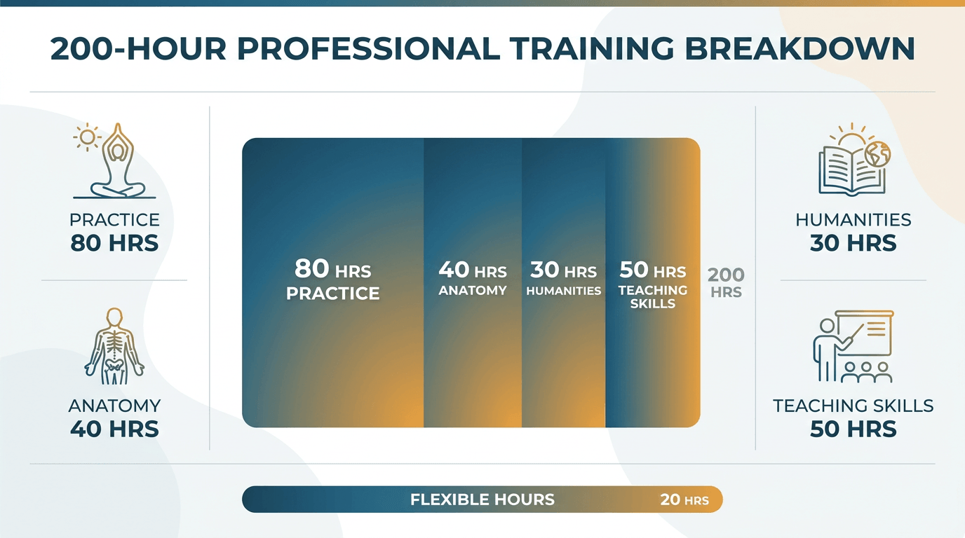 Infographic showing a 200-hour training breakdown across practice, anatomy, humanities, and teaching skills with icons and a central stacked bar, plus a small flexible-hours bar at the bottom in a warm brand palette.