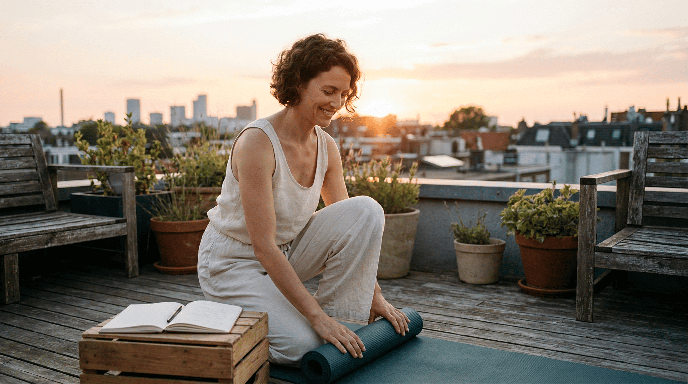 Midlife woman rolling up a yoga mat on a rooftop patio at sunrise with a journal and pen beside her.