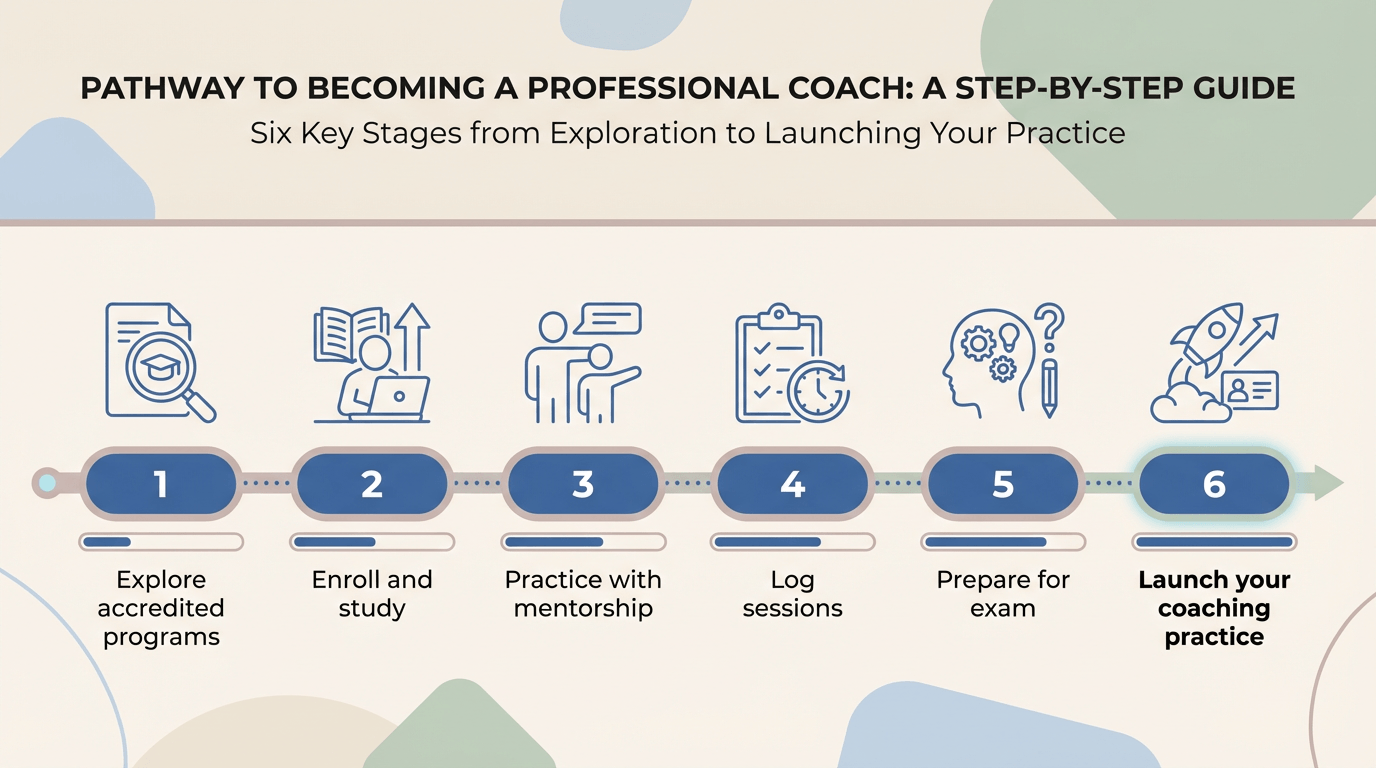 Horizontal timeline infographic showing six steps from exploring accredited programs to launching a coaching practice, using flat icons and brand colors for clear progression.