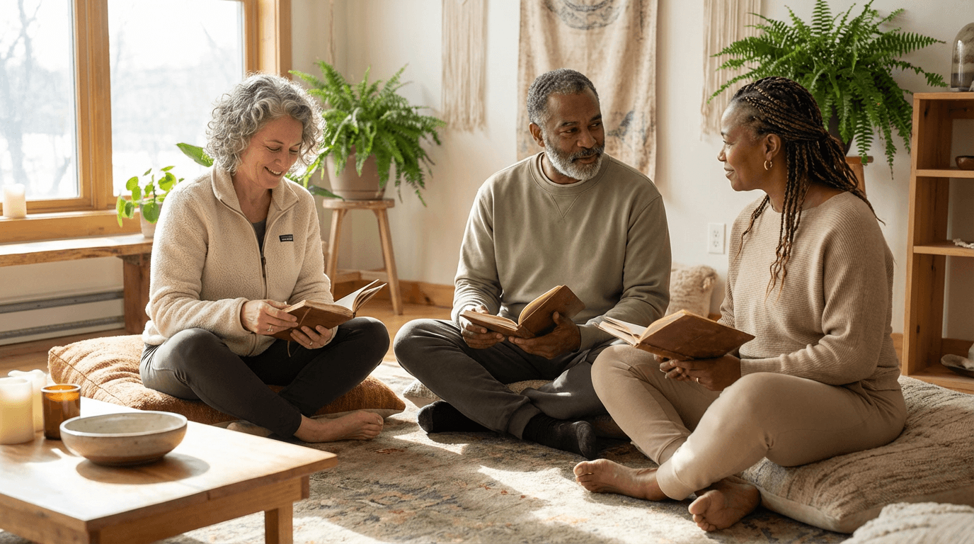 Three adults sit in a sunlit studio circle with journals after a guided meditation, warm earthy tones and soft natural light conveying calm, connection, and purpose in holistic health coaching.